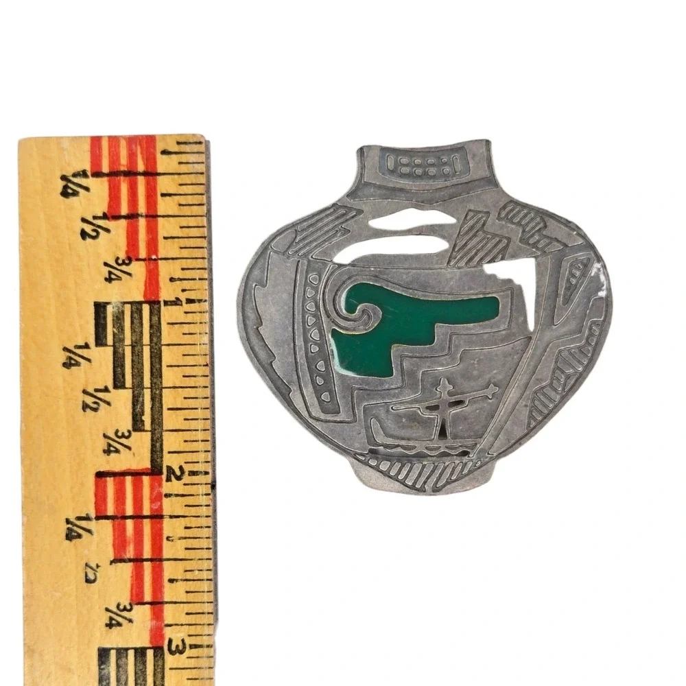 Vintage Brooch Sterling Silver 925 Southwestern Green Enamel‎ Pottery Pin Green